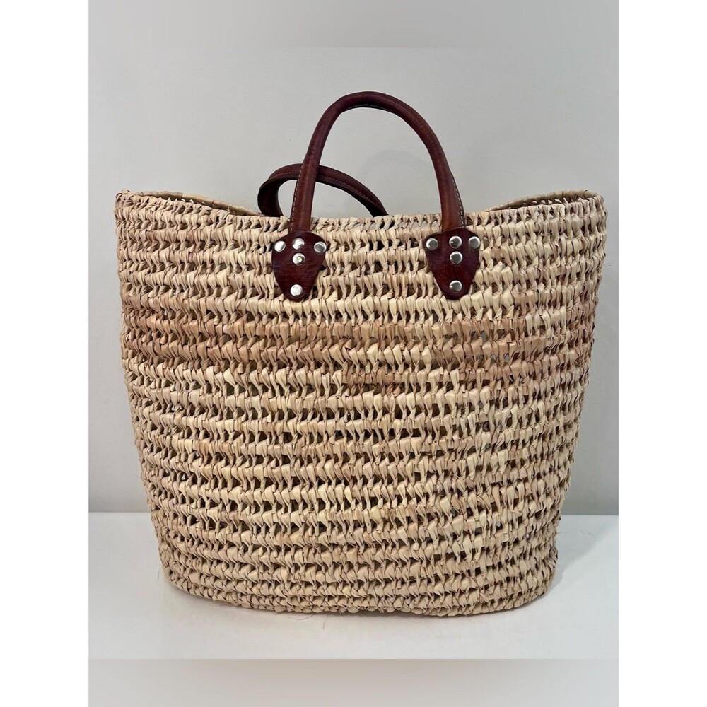 Vintage Leather Handled Handwoven Moroccan Basket Tote